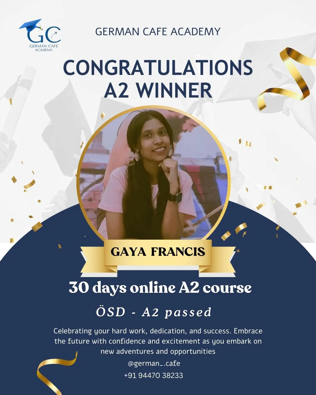 German Cafe Academy result card for Gaya Francis — ÖSD A2 passed
