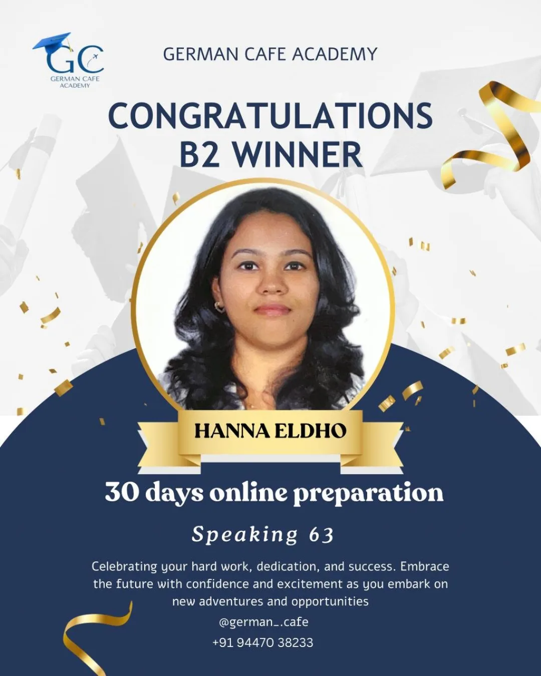 German Cafe Academy result card for Hanna Eldho — B2 Speaking 63