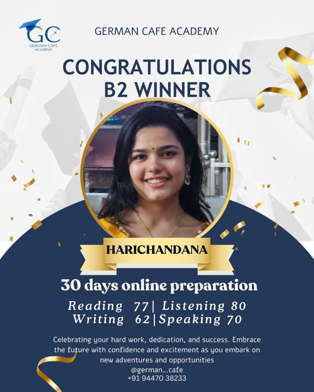 German Cafe Academy result card for Harichandana — B2 passed