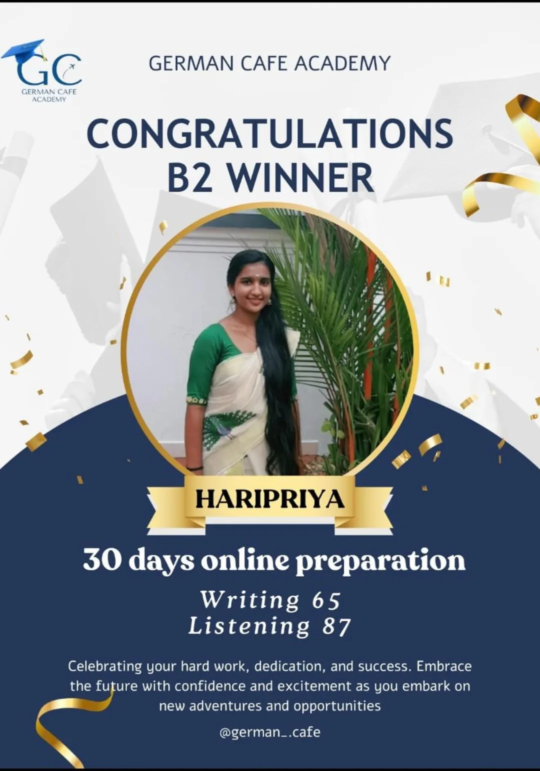 German Cafe Academy result card for Haripriya — B2 Writing 65 · Listening 87