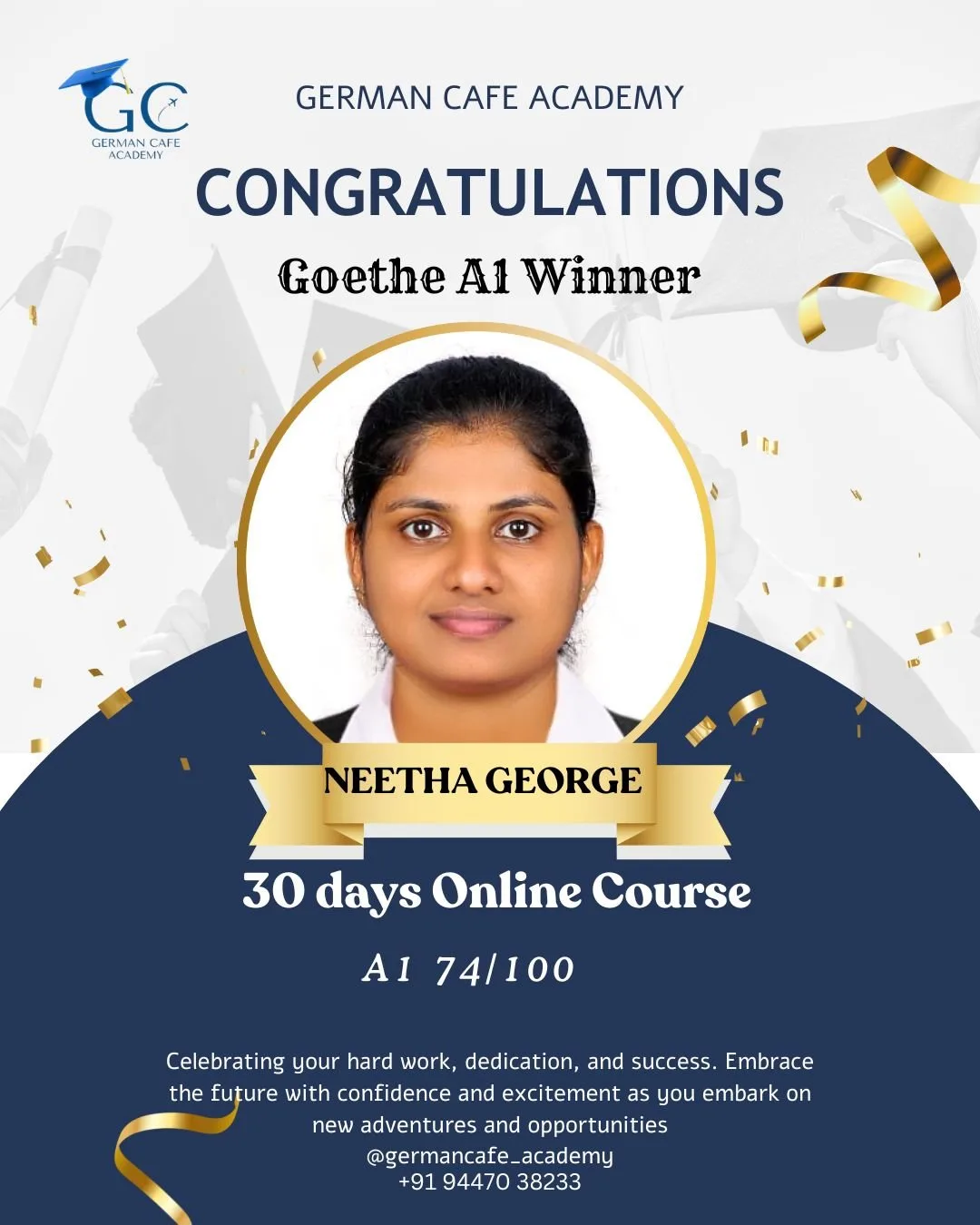 German Cafe Academy result card for Neetha George — Goethe A1 · 74/100
