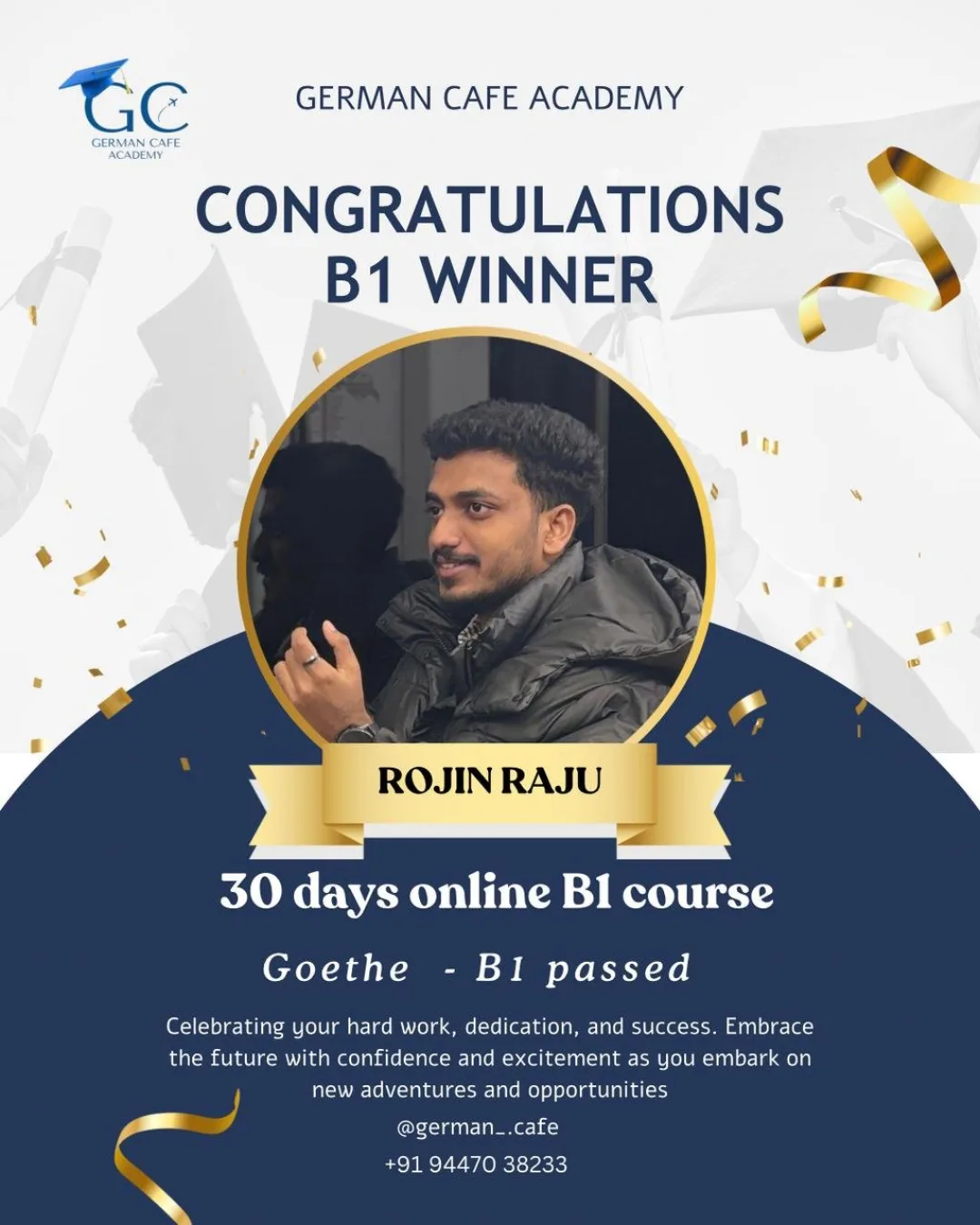 German Cafe Academy result card for Rojin Raju Mathew — Goethe B1 passed
